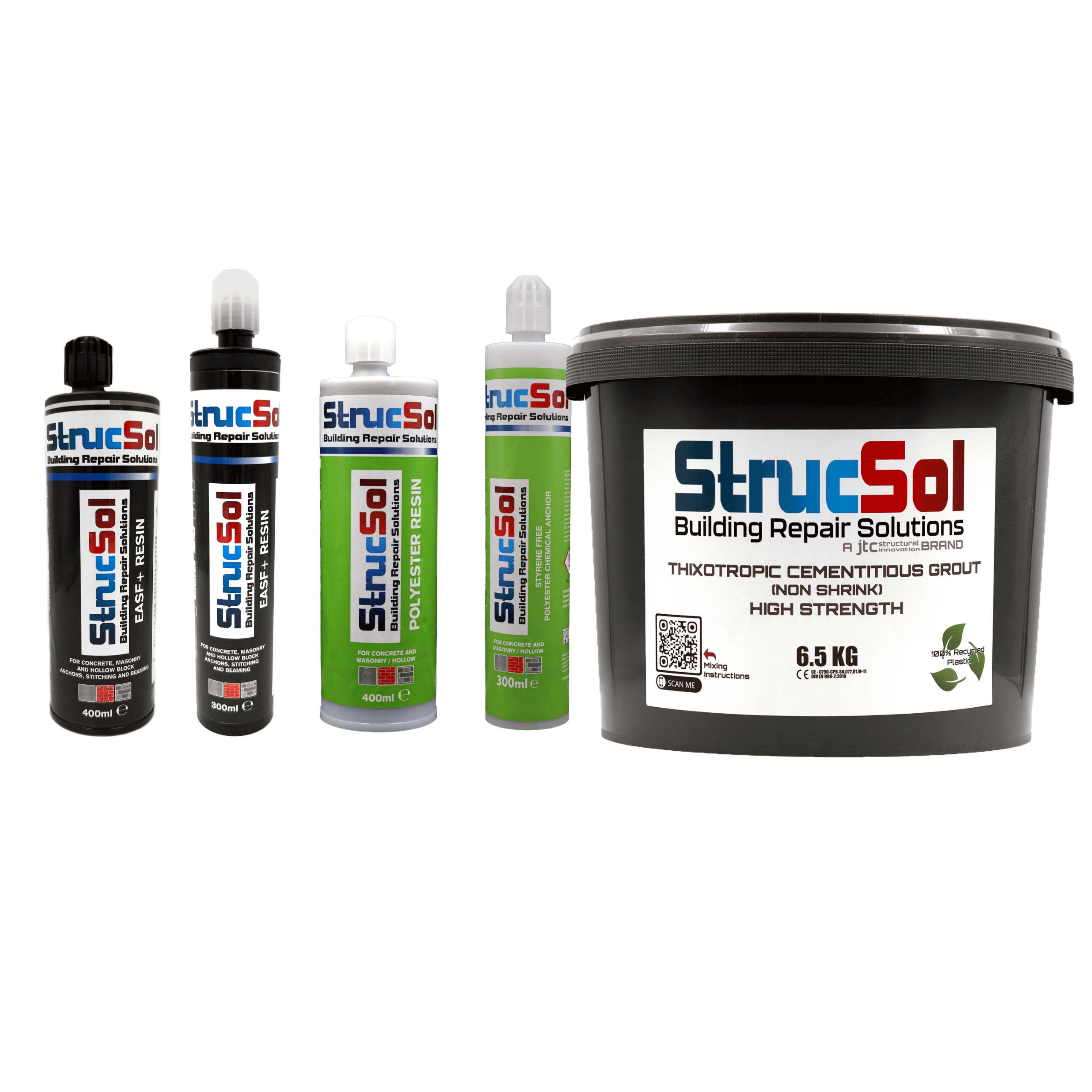 A collection of Strucsol grouts and resins along side each other 